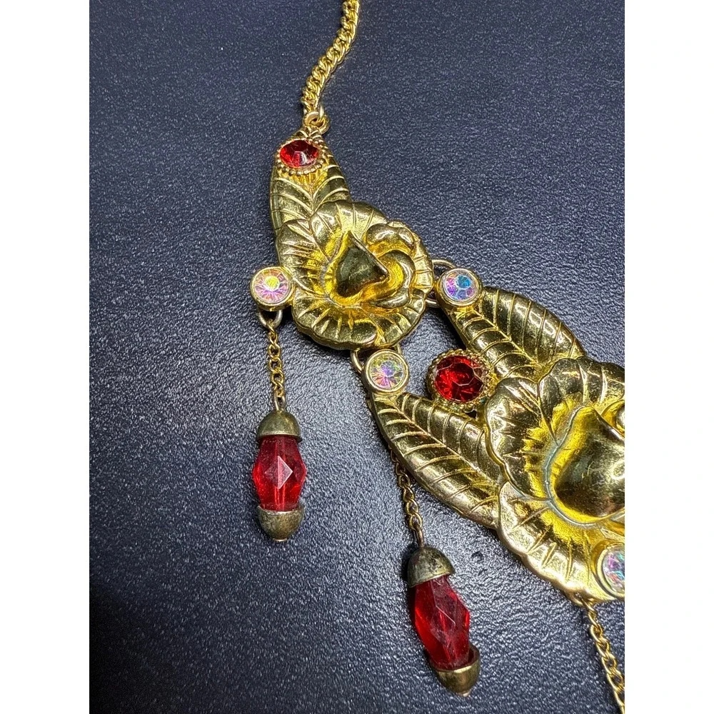 Disney Store London Gold Tone Beauty And The Beast Necklace Red Gems AB Crystals